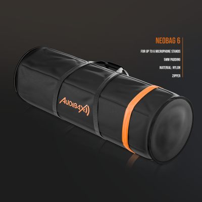 Saco cilíndrico preto com alça e faixa laranja com texto Aurora