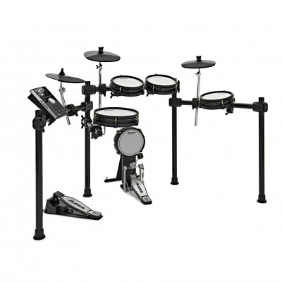 Bateria eletrónica Alesis preta com tambores, pratos e pedais