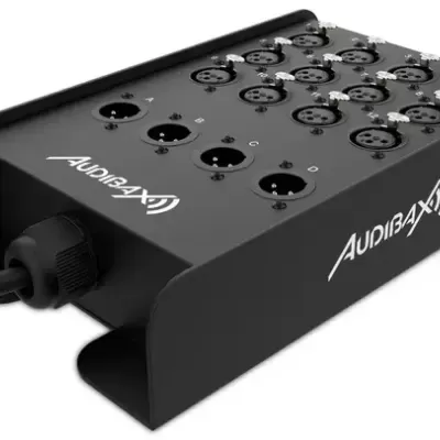 Interface de áudio preta Audibax com entradas XLR e texto branco