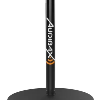 Base para microfone redonda preta com haste e texto Audibax.