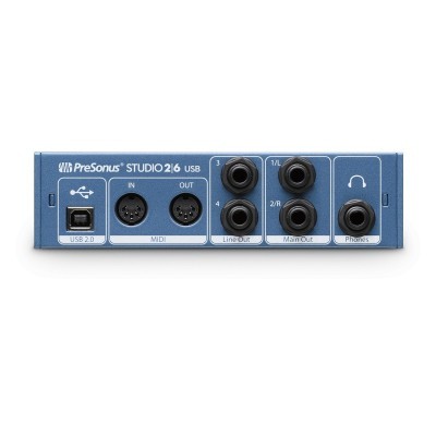 Interface de áudio PreSonus STUDIO 2|6 USB azul com várias entradas e saídas