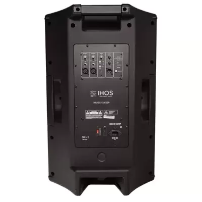 Coluna de som preta com painel traseiro de controlo visível