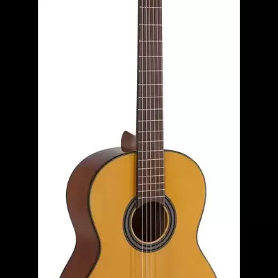 Guitarra clássica de madeira com tampo amarelo claro e corpo castanho