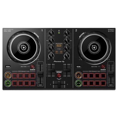 Controladora DJ Pioneer DJ DDJ-200 preta com dois pratos rotativos e botões coloridos
