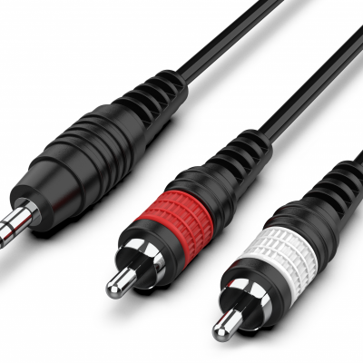 Cabo de áudio com conector jack 3,5 mm e conectores RCA vermelho e branco.