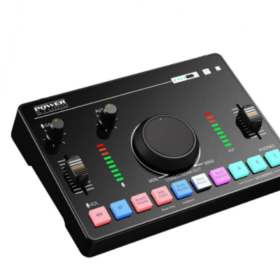 Interface de áudio POWER STUDIO preto com botões coloridos e LEDs