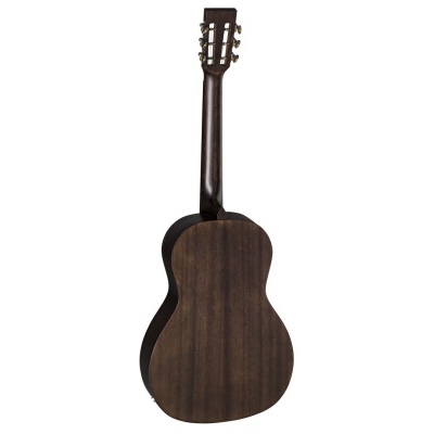 Guitarra clássica de madeira escura vista de costas