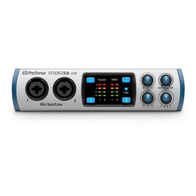 Interface de áudio PreSonus STUDIO 26 USB com duas entradas, ecrã digital e botões rotativos
