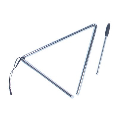 Triângulo musical de metal prateado com baqueta preta.