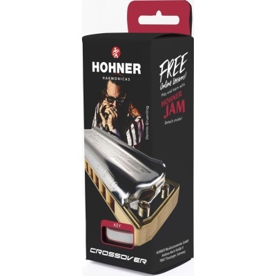 Embalagem preta com gaita de boca metálica e texto HOHNER