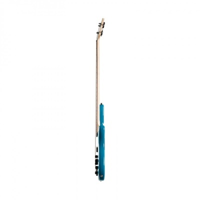 Baixo elétrico azul metálico visto de perfil