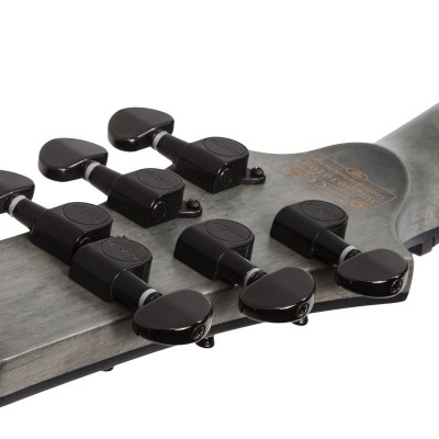 Cabeça de guitarra em madeira cinza com tarraxas pretas