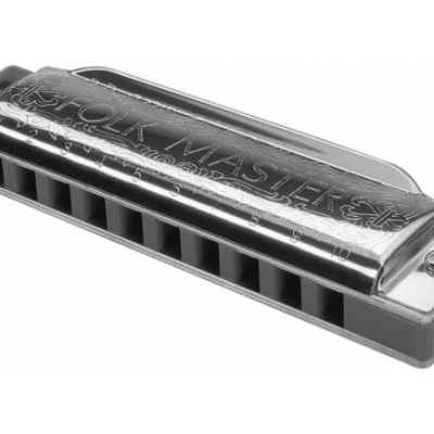 Harmónica cromada en cima de fondo branco