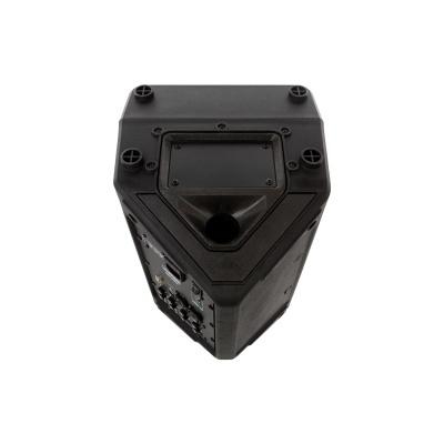 Coluna acústica preta triangular com painel lateral de controle