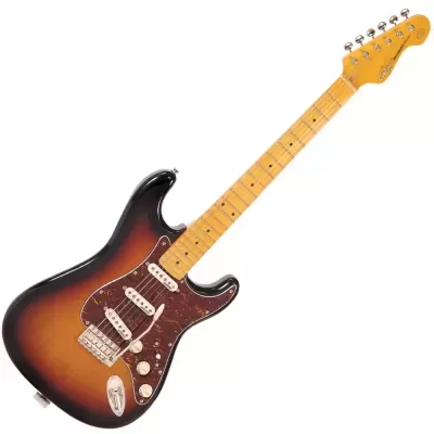 Guitarra elétrica sunburst com corpo em madeira e três captadores single-coil brancos