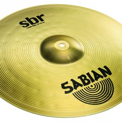 Prato de bateria dourado Sabian modelo SBR com texto preto