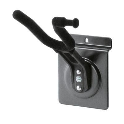 Gancho preto para pendurar guitarra com suporte metálico.