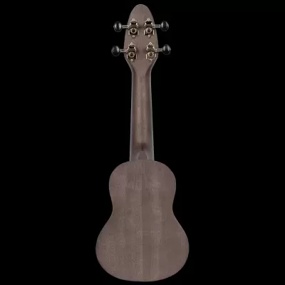 Ukulele de madeira castanho visto pelas costas com cravelhas douradas e pretas