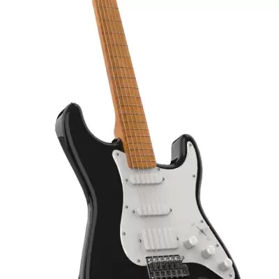 Guitarra elétrica preta com braço em madeira clara num suporte preto