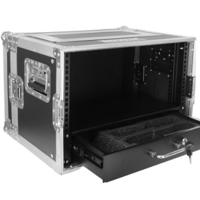 Caixa resistente preta com estrutura metálica e gaveta com chave