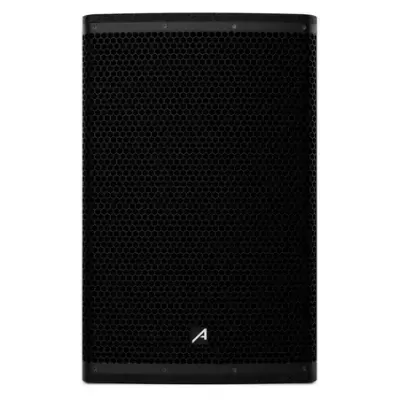 Coluna de som preta com grelha hexagonal e logótipo branco A