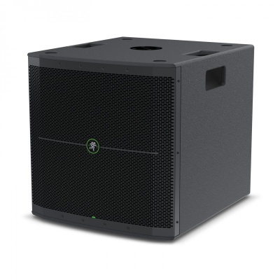 Coluna subwoofer preta com grelha metálica e pega embutida