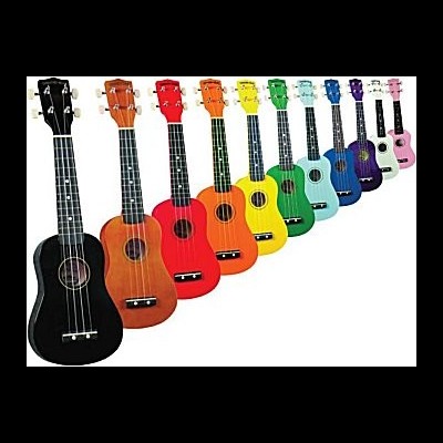Linha de ukuleles coloridos alinhados em fundo branco