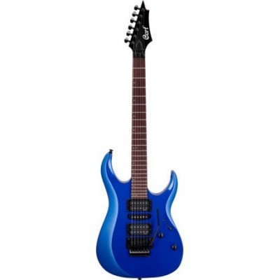Guitarra elétrica azul com três captadores e cabeçote preto com texto branco Cort