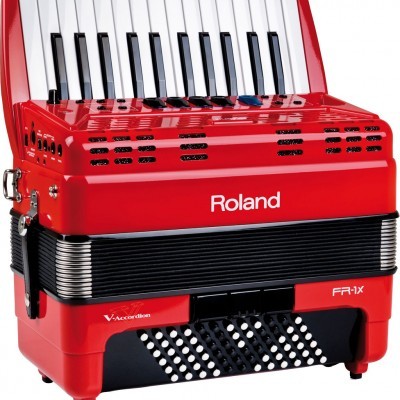 Acordeão vermelho e preto Roland FR-1X com teclado tipo piano e botões