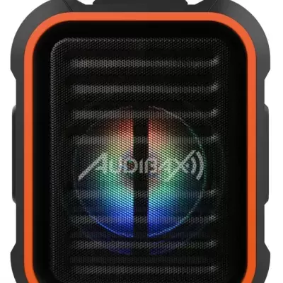 Coluna de som portátil preta com borda laranja e luzes RGB