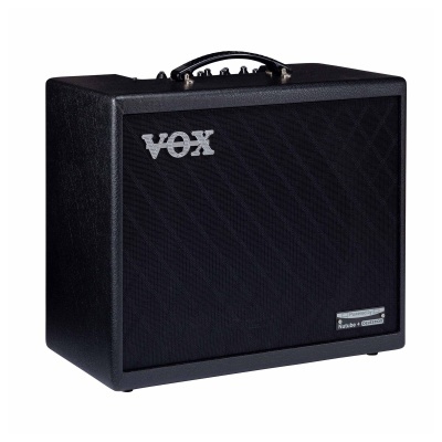 Amplificador Vox preto com textura e logotipo em prata