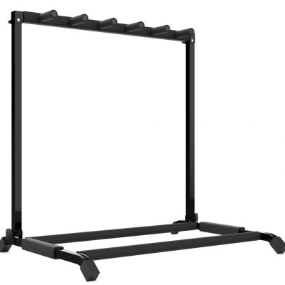 Suporte metálico preto para cinco guitarras com base reforçada.