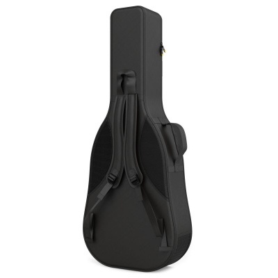 Case rígido preto para guitarra com alças ajustáveis em fundo branco