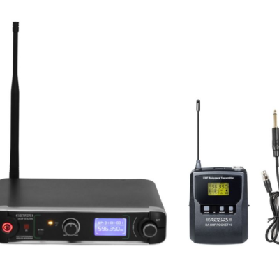 Sistema de microfone sem fio com recetor, transmissor e cabos