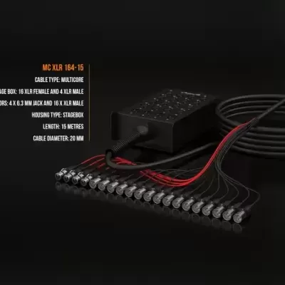 Cabo multicore MC XLR 164-15 com múltiplos conectores e cabo enrolado preto.
