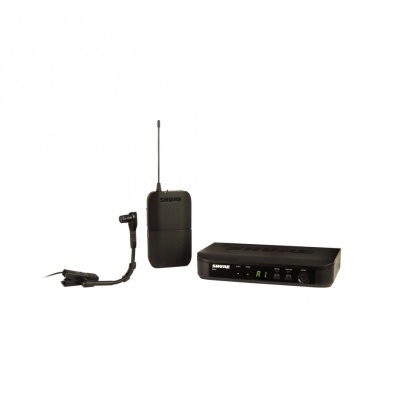 Conjunto de microfone Shure preto com transmissor, receptor e microfone de lapela