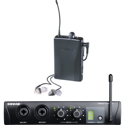 Equipamento de áudio SHURE preto com transmissor, fones intra-auriculares e unidade base com controles e visor digital