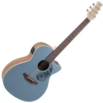 Guitarra acústica azul com madeira natural e braço escuro