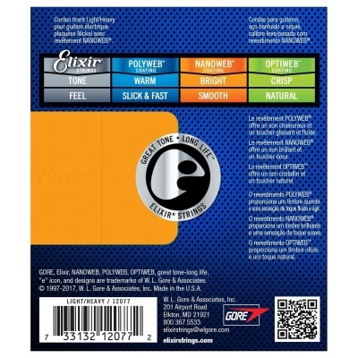 Embalagem de cordas para guitarra elétrica Elixir Light/Heavy com informações técnicas