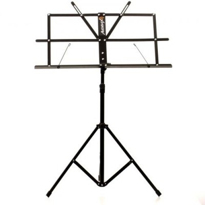 Suporte para partituras preto com tripé ajustável.