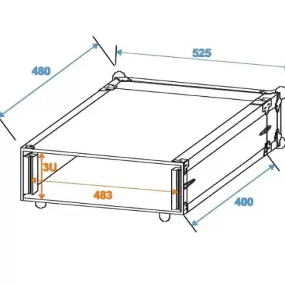 Desenho técnico de gabinete metálico retangular com medidas e espaço frontal 3U.