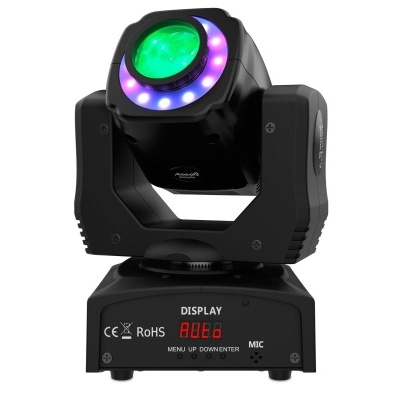 Luz cênica móvel tipo moving head preta com visor LED vermelho e LEDs coloridos