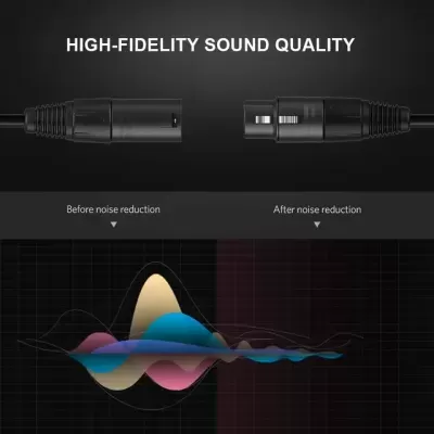 Conector de áudio preto com texto sobre qualidade de som e gráfico comparativo de redução de ruído