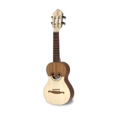 Cavaquinho de madeira com corpo claro e escuro e braço em madeira escura