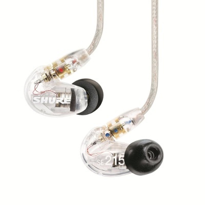 Auriculares Shure SE215 transparentes com cabos e ponteiras pretas