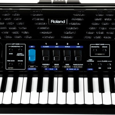 Teclado musical eletrônico Roland preto com botões e alavanca de controle