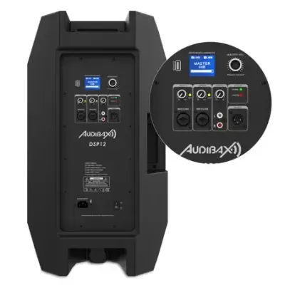 Coluna áudio preta Audibax DSP12 com painel de controlo digital e conexões