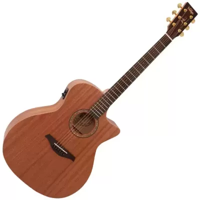 Guitarra acústica de madeira castanha clara com corpo cortado