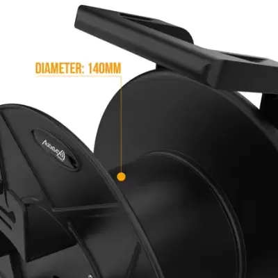 Carretel preto de plástico com alça e texto DIAMETER: 140MM