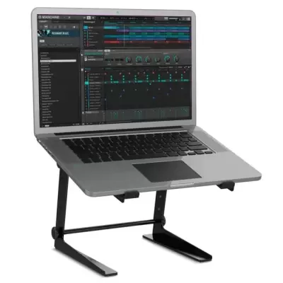 Computador portátil cinzento em suporte de metal preto com software de produção musical no ecrã